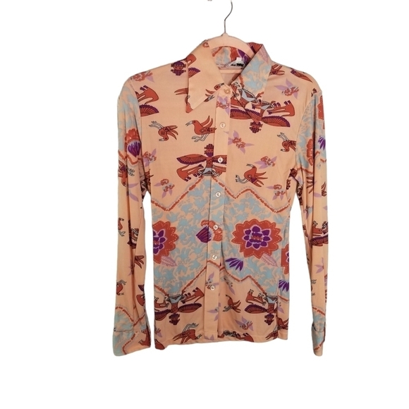 Vtg 70s southwestern native kachina doll zuni print dagger pointed collar shirt - Picture 1 of 12
